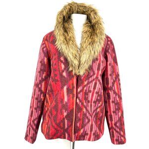 NWOT Colleen Lopez Women Faux Fur Trimmed Southwest Patterned Red Jacket Size S